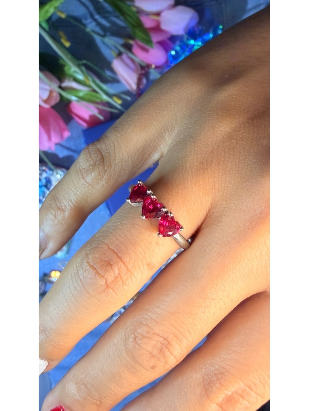 Silver 925 solid Ring with Three Heart-Shaped Red Gemstones